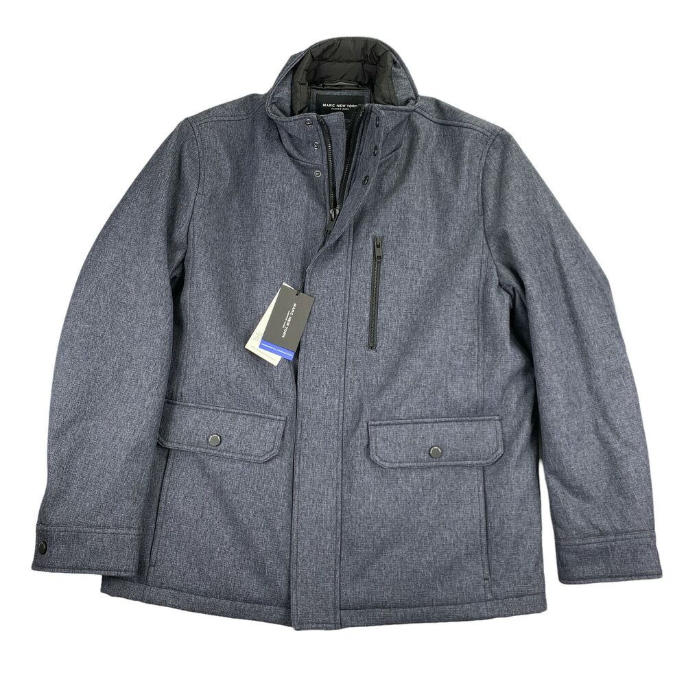 Marc New York Mens Mullins Melange Tech Water-Resistant Coat Blue Gray L